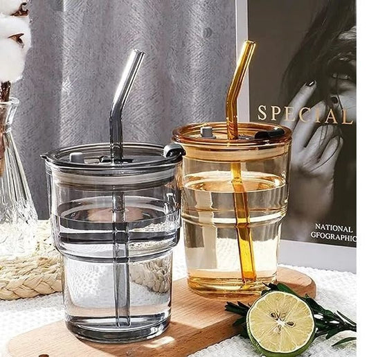 Portable Bamboo Shaped Glass Water Cup, Beautiful Straw Cup with Lid & Leather Random Colours