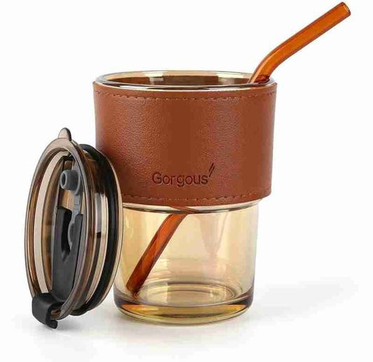 Portable Bamboo Shaped Glass Water Cup, Beautiful Straw Cup with Lid & Leather Random Colours
